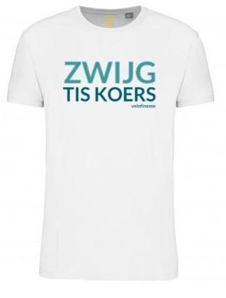 T-shirt 'Zwijg tis koers' (wit/appelblauw)